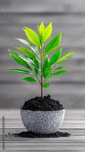 Obraz Small plant in pot on wooden surface
