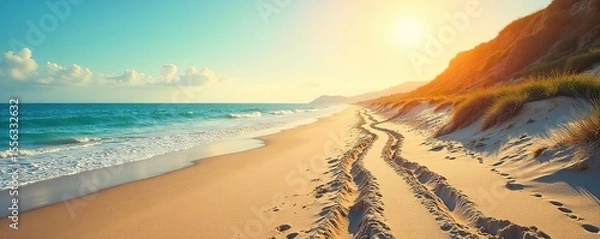Obraz Serene Beach Scene Tire Tracks Leading to Turquoise Ocean Waves, Idyllic Summer Vacation