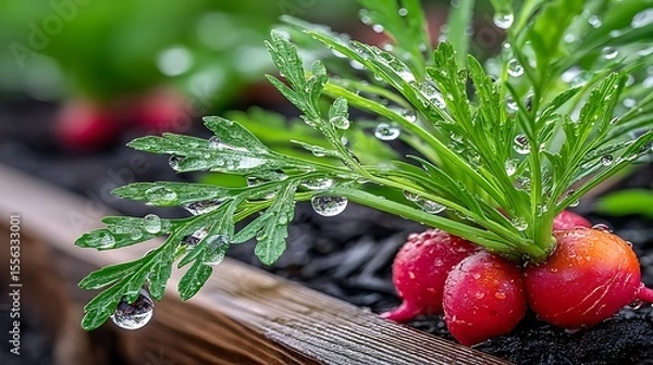 Obraz Fresh radishes in a garden bed