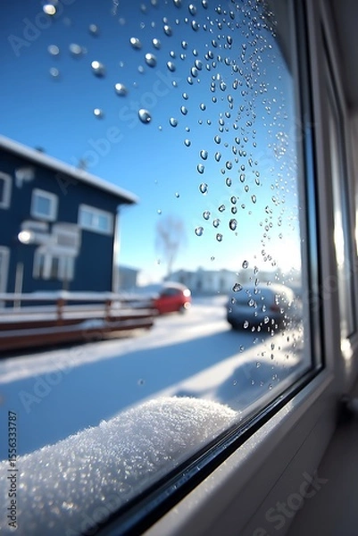 Obraz Snowy winter scene through a frosted window