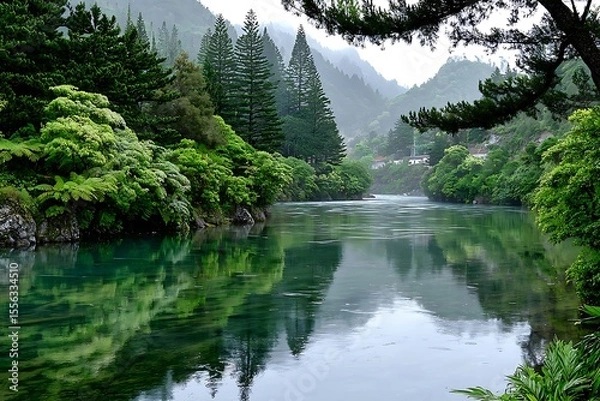 Obraz Misty river valley with lush greenery