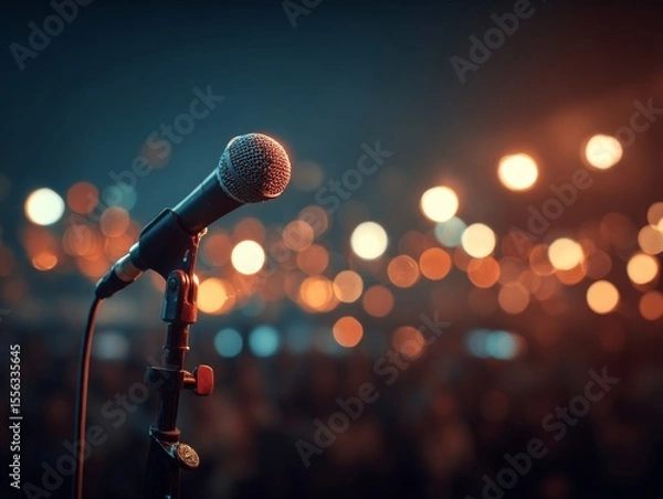 Fototapeta Microphone on a stand in front of blurred audience lights