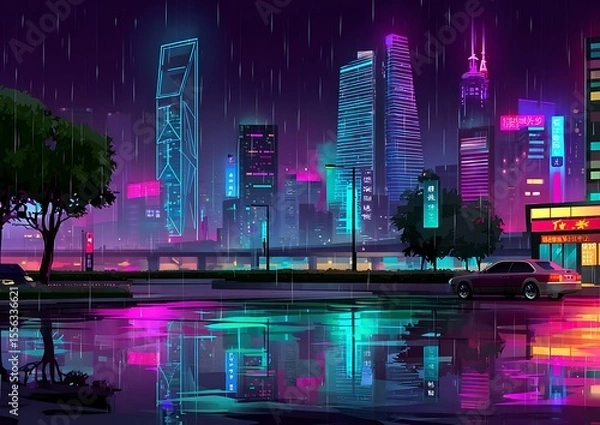 Obraz Neon city rain reflection