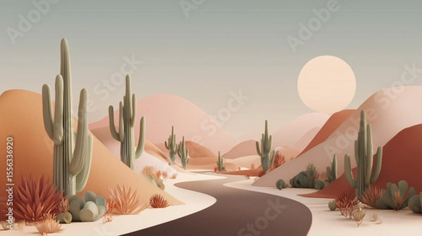 Obraz Minimalist desert highway at dusk surrounded by  botanical structures mimicking native cacti, pastel earth tone palette with soft orange, terracotta, and pale olive gradients. 