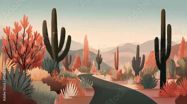 Obraz Minimalist desert highway at dusk surrounded by  botanical structures mimicking native cacti, pastel earth tone palette with soft orange, terracotta, and pale olive gradients. 