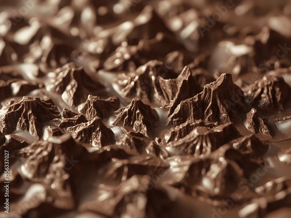 Fototapeta Chocolate Peaks: A close-up view of a textured surface resembling rugged mountain peaks, crafted from rich, dark chocolate, emerging from a creamy liquid.