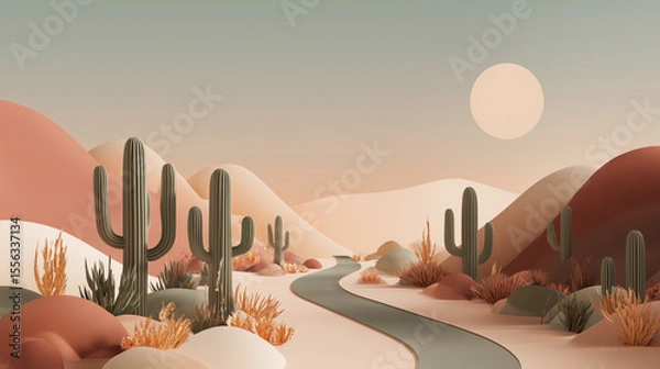Obraz Minimalist desert highway at dusk surrounded by  botanical structures mimicking native cacti, pastel earth tone palette with soft orange, terracotta, and pale olive gradients. 