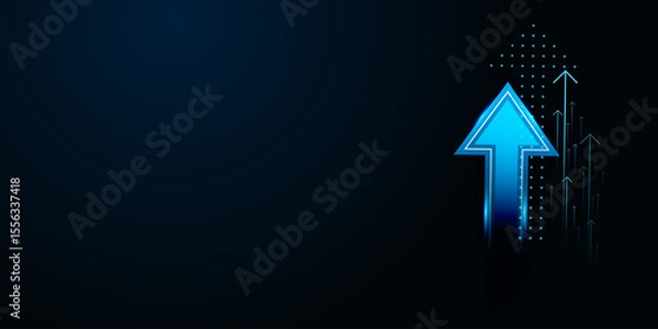 Fototapeta A futuristic bright blue neon arrow with a soft glow, trending upwards against a dark backdrop, conveying high-energy market surges and bullish trends in vector illustration