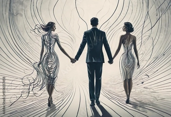 Fototapeta White black picture surrealism, graphics, man walking hand in hand with two women, rear view, feelings and relationships
