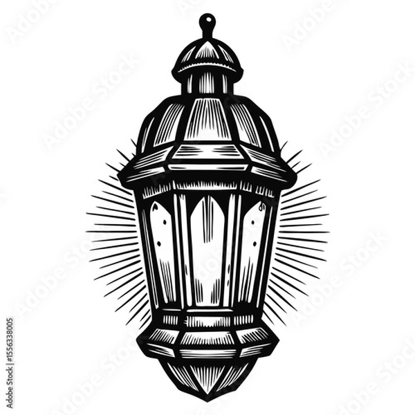 Fototapeta Hand-Drawn Engraving of a Lantern with Soft Light for Art Blogs, Design Websites, Vintage Aesthetic, Home Decor Inspiration, and Creative Projects  