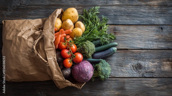 Obraz A  Brown Paper Bag Filled with Assorted vegetables on Wooden Background