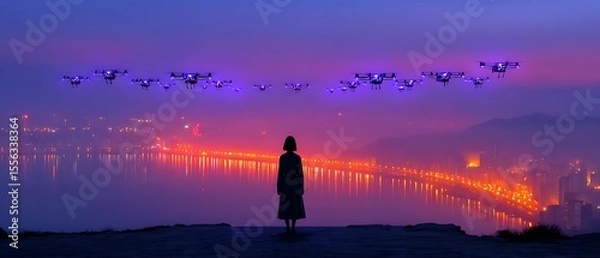 Obraz Silhouette figure overlooking city at dusk with drones