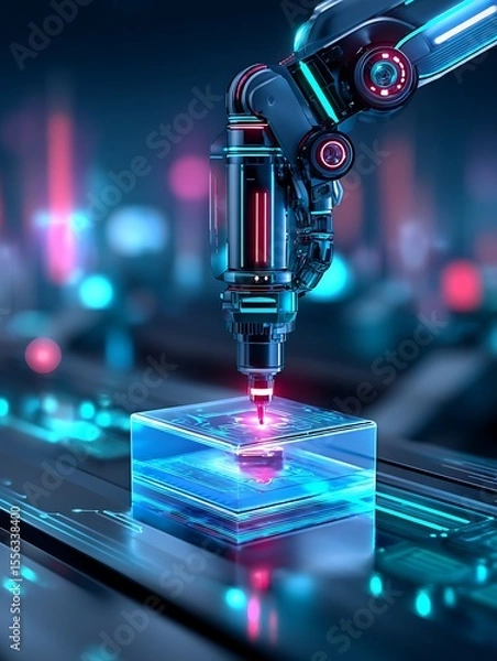 Obraz Futuristic robot arm placing a transparent cube