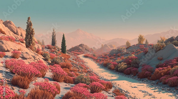 Obraz Minimalist desert highway at dusk surrounded by  botanical structures mimicking native cacti, pastel earth tone palette with soft orange, terracotta, and pale olive gradients. 