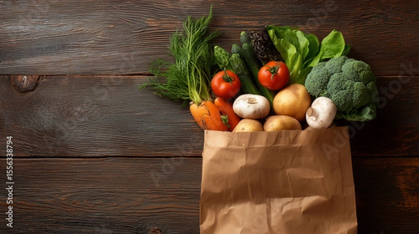 Obraz A  Brown Paper Bag Filled with Assorted vegetables on Wooden Background