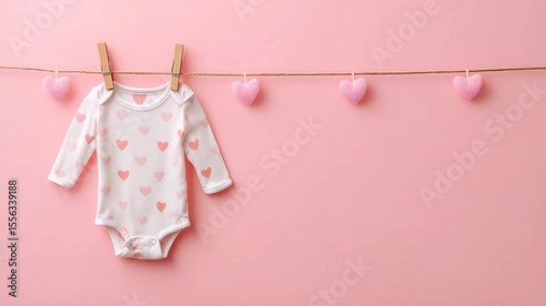 Obraz Tiny baby onesie with heart pattern hanging on a mini clothesline, placed on the left side of a pastel pink background, sweet and clean with space on the right for baby shower message 