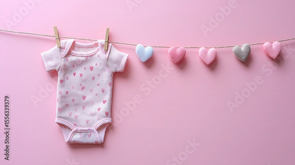 Obraz Tiny baby onesie with heart pattern hanging on a mini clothesline, placed on the left side of a pastel pink background, sweet and clean with space on the right for baby shower message 
