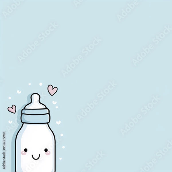 Obraz  baby bottle placed on the left side of a pastel blue background, minimal cute design with space on the right for baby shower text