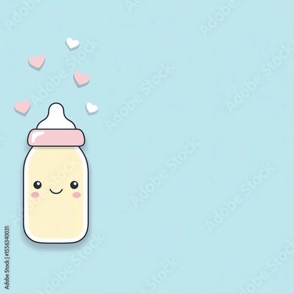 Obraz  baby bottle placed on the left side of a pastel blue background, minimal cute design with space on the right for baby shower text