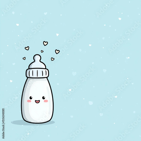 Obraz  baby bottle placed on the left side of a pastel blue background, minimal cute design with space on the right for baby shower text