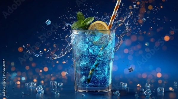 Fototapeta Blue mojito with mint leaves and lemon splash in tall glass on dark backdrop Image 4K UHD
