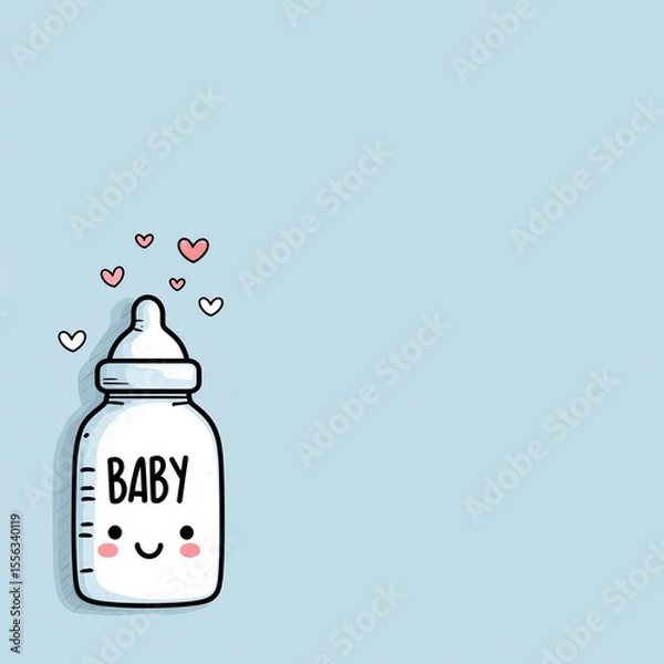 Obraz  baby bottle placed on the left side of a pastel blue background, minimal cute design with space on the right for baby shower text