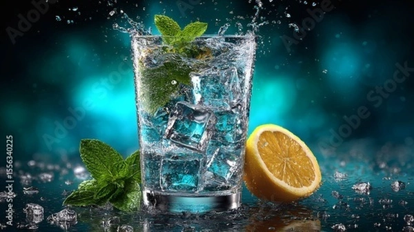 Fototapeta Blue lemon soda splash with ice and mint on bright cyan background Image 4K UHD