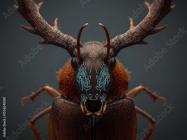 Fototapeta The Majesty of a Stag Beetle: A macro photograph captures the intricate details of a stag beetle, showcasing its impressive antler-like mandibles and complex exoskeleton.