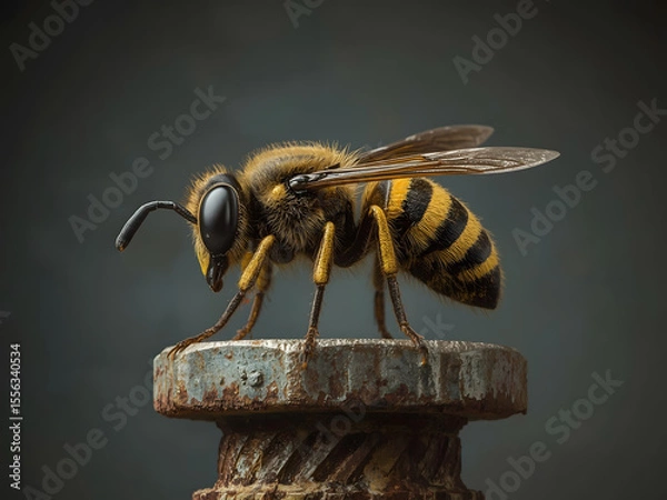 Fototapeta Vivid Hornet on Textured Surface: A striking close-up of a hornet perched atop a weathered, textured surface. Its intricate features and striking colors create a captivating composition.