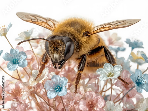 Fototapeta Bee on Delicate Bloom: A close-up view of a bee poised gracefully upon a cluster of delicate blooms. The image captures the essence of pollination, natural beauty.