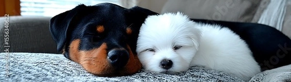 Obraz Two sleepy puppies cuddle
