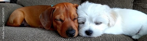 Obraz Two sleepy puppies snuggled together