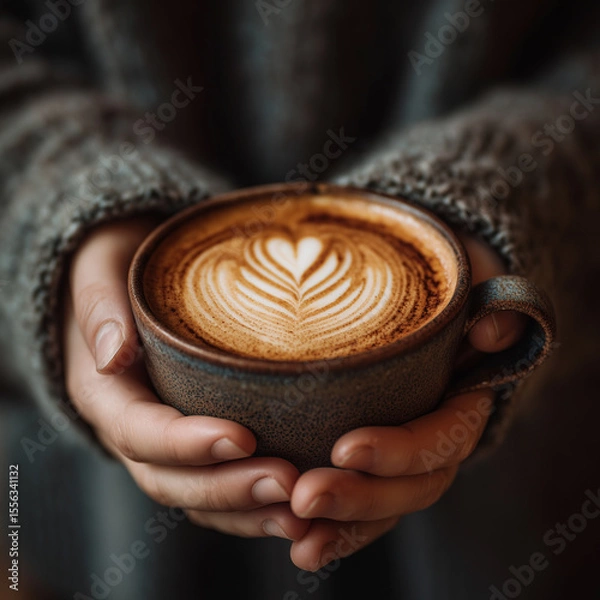 Obraz hands holding a cup of coffee with latte art 