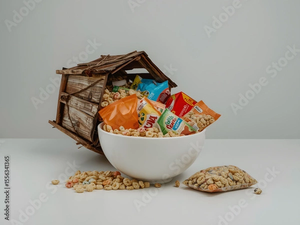 Fototapeta Snacks spilling from the Bowl: A whimsical arrangement features a tipped miniature house spilling assorted snack packets into a pristine white bowl.