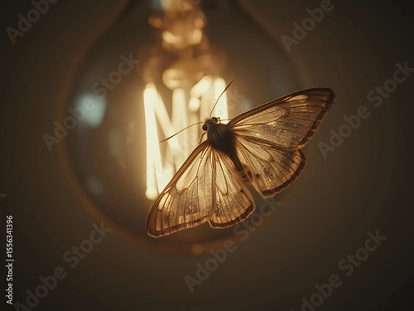 Fototapeta Moth and Light: A moth drawn to the soft light of a lightbulb, showcasing the delicate balance between nature and man-made light.