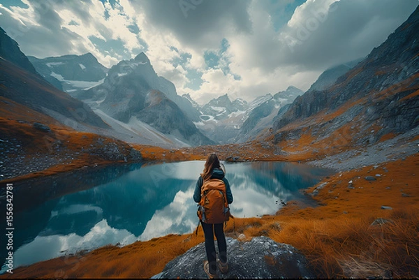 Fototapeta Young woman hiker with backpack on a rock in autumn. Girl and breathtaking view of a mountain alpine lake reflecting the surrounding peaks, orange grass and cloudy dramatic sky. Switzerland in fall
