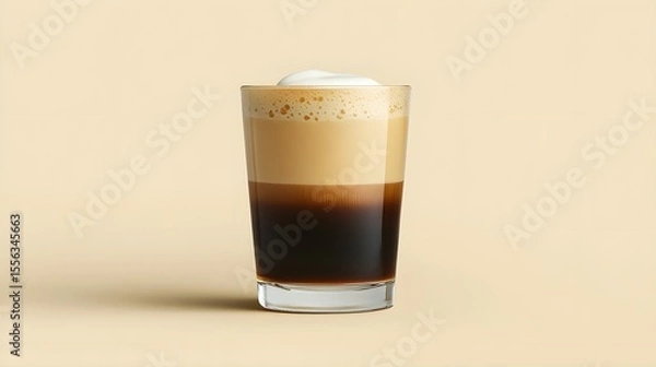 Fototapeta Layered coffee drink in glass cup on beige background