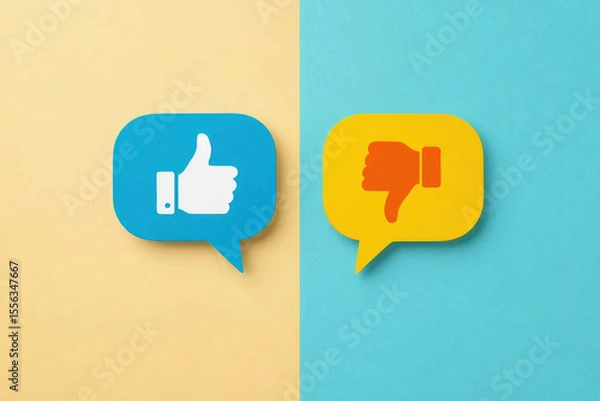 Fototapeta Thumbs up and thumbs down icons in speech bubbles, contrasting colors, feedback concept