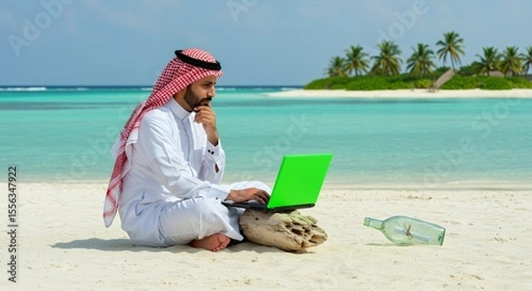 Fototapeta Arabian Man Works Remotely on Tropical Beach, Message in a Bottle Nearby