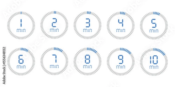 Obraz Timer, 1, 2, 3, 4, 5, 6, 7, 8, 9, 10 min. Stopwatch isolated set icons. Countdown timer symbol icon set. vector illustration.