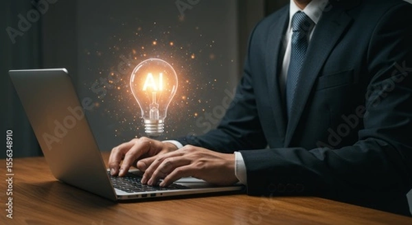 Fototapeta Man Typing on Laptop with Glowing Artificial Intelligence Light Bulb