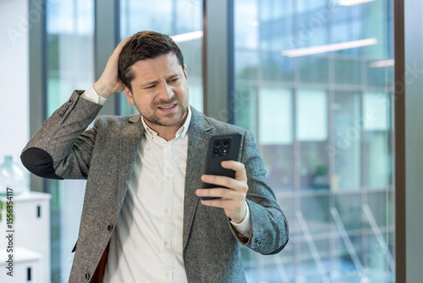 Fototapeta Close-up photo of a shocked and disappointed young businessman standing in the office, holding his head in his hand and looking at the mobile phone screen with concern