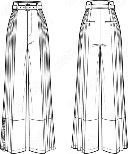 Fototapeta High waisted wide leg pleated trousers with waistband, front and back view, technical fashion cad drawing, flat vector sketch, tailored pants illustration template