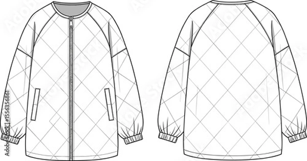 Fototapeta Quilted zip-up jacket fashion flat, technical CAD sketch, front and back view, cozy outerwear design, rib cuff, vector template, garment drawing illustration