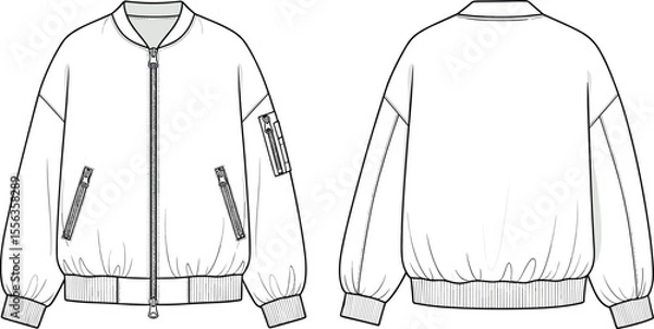 Fototapeta Bomber jacket fashion flat sketch, front and back technical view, ribbed cuffs and hem, zipper detail design, unisex outerwear CAD vector illustration template