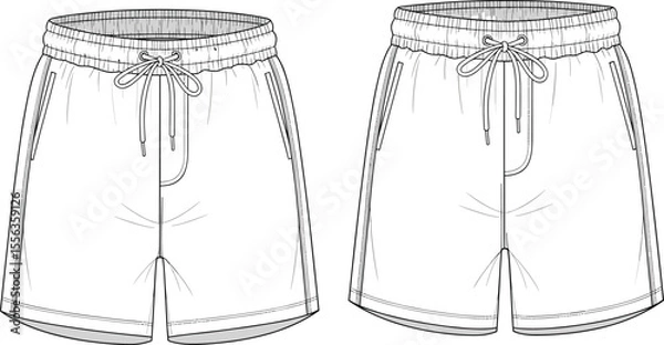Fototapeta Men’s shorts fashion flat sketch, front view, drawstring waistband, elastic hem, side pockets, cad technical illustration, garment design vector template, apparel mockup drawing