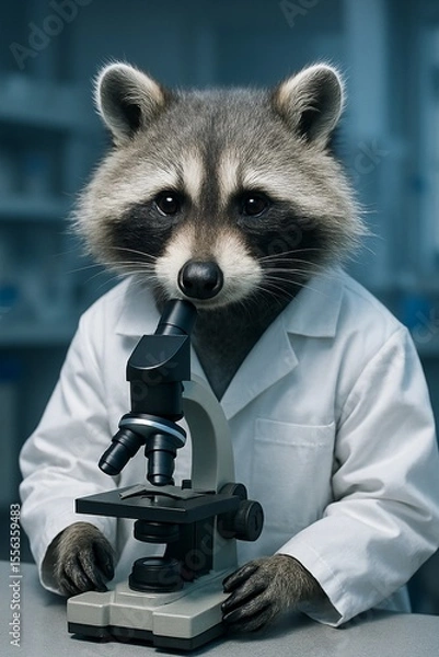 Obraz Ethical storytelling science: a raccoon scientist in a lab coat curiously using a microscope