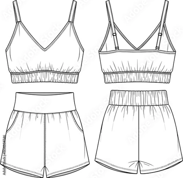 Fototapeta Women's crop top and shorts technical flat sketch, front and back view, activewear fashion set, adjustable straps, high waistband, vector template, clothing design