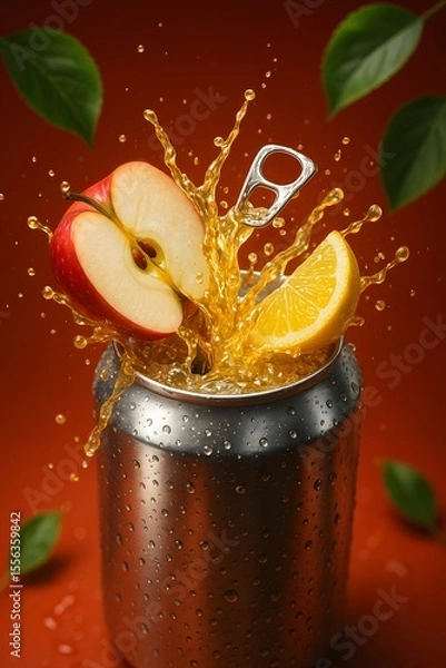 Fototapeta Apple and Lemon Fruit Soda Pop Art Still Life with Splashing Juice on Red Background