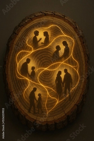 Obraz Conceptual family tree with glowing silhouettes showing relationships within tree rings